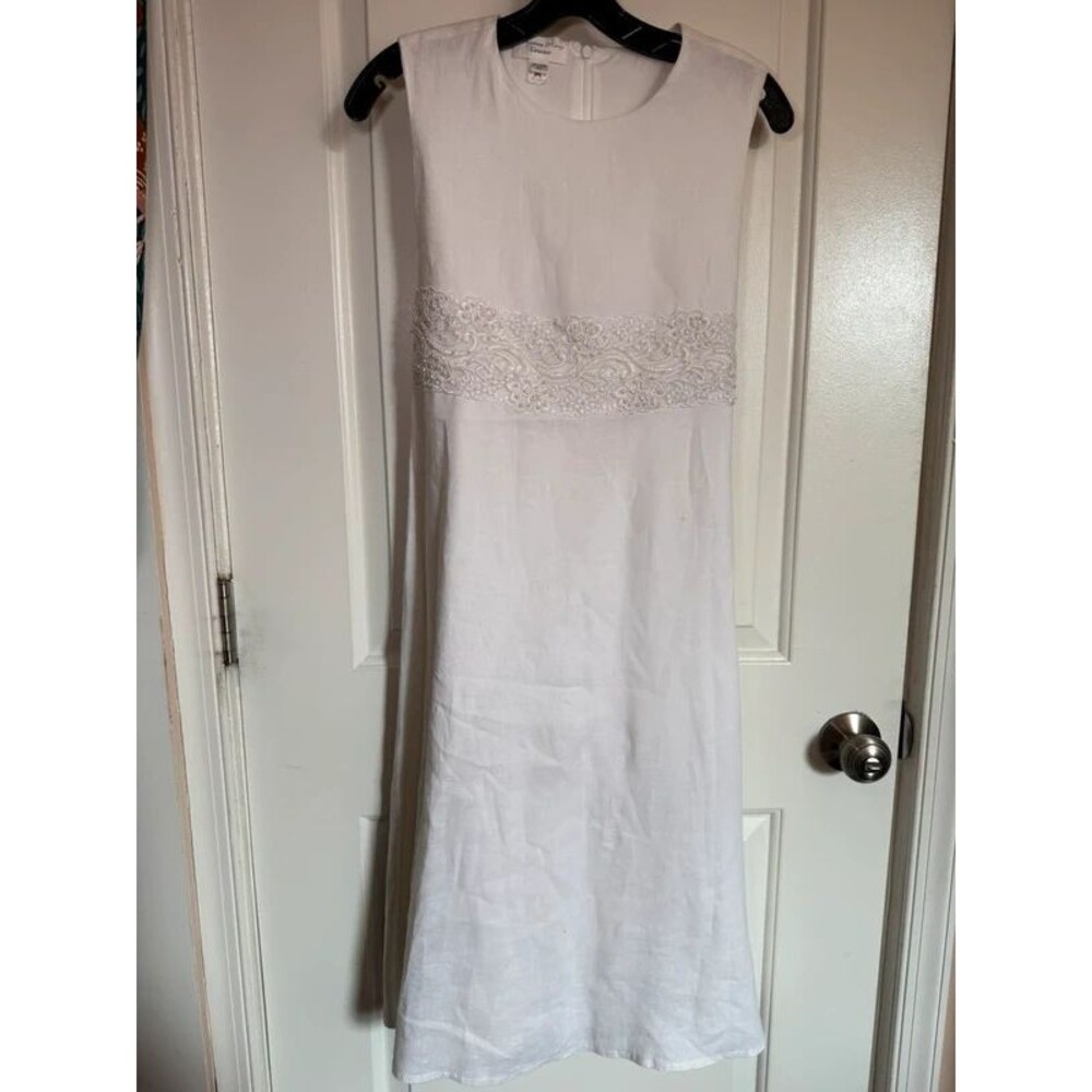 Vintage Beaded Linen White Bridal Dress